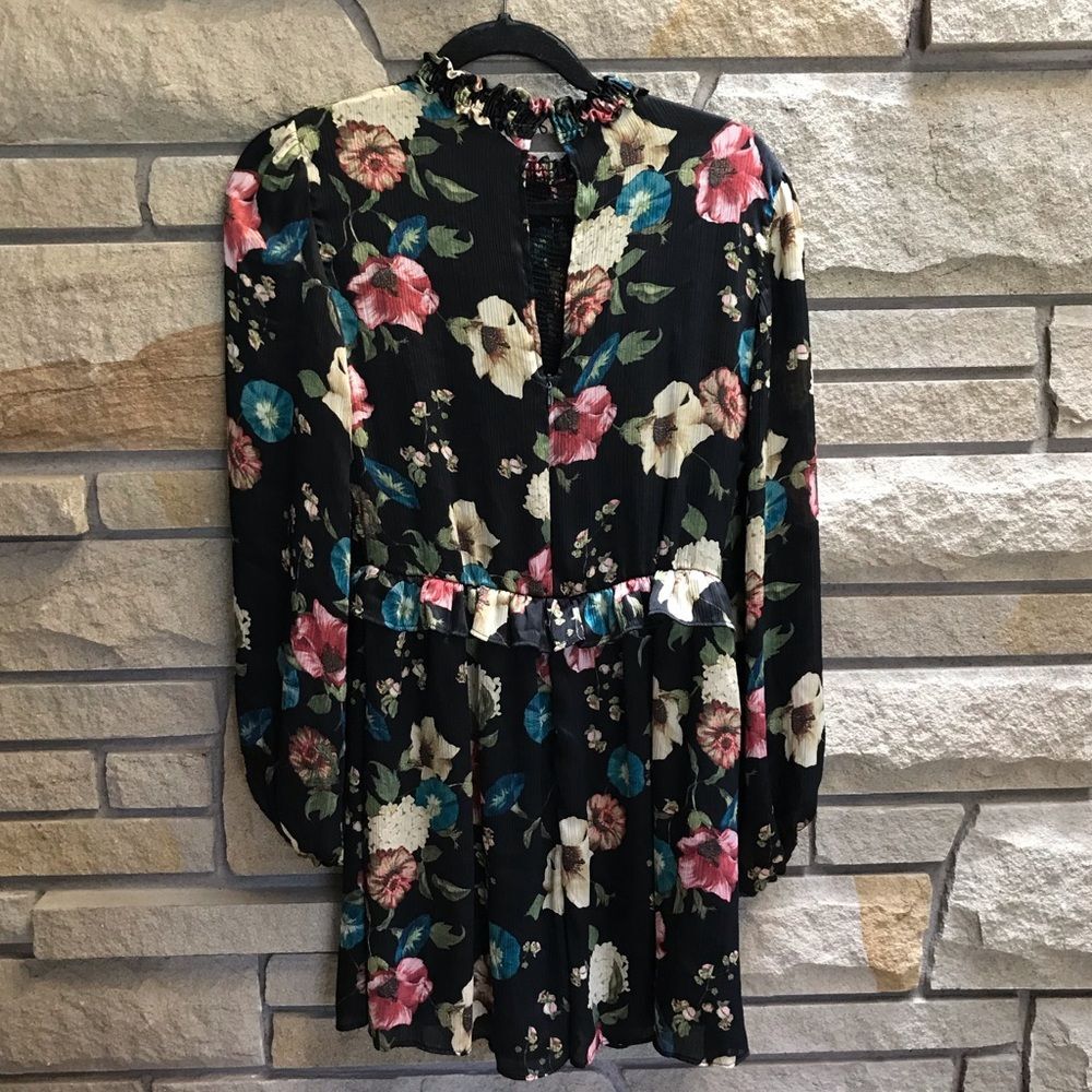 ZARA Multicolor Floral Romper Long Sleeve Chiffon Black Small - Picture 12 of 15